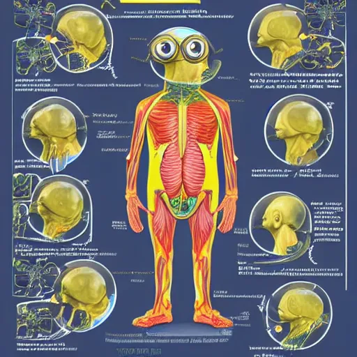 Image similar to A detailed biological anatomy of a minion, photorealistic, textbook, scientific