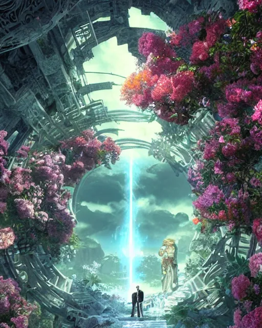 Image similar to portal to paradise, 8 k high definition, very unique, advanced technology, beams of energy, pathway, flowers, machines, insanely detailed, intricate, art by akihiko yoshida, antilous chao, woo kim