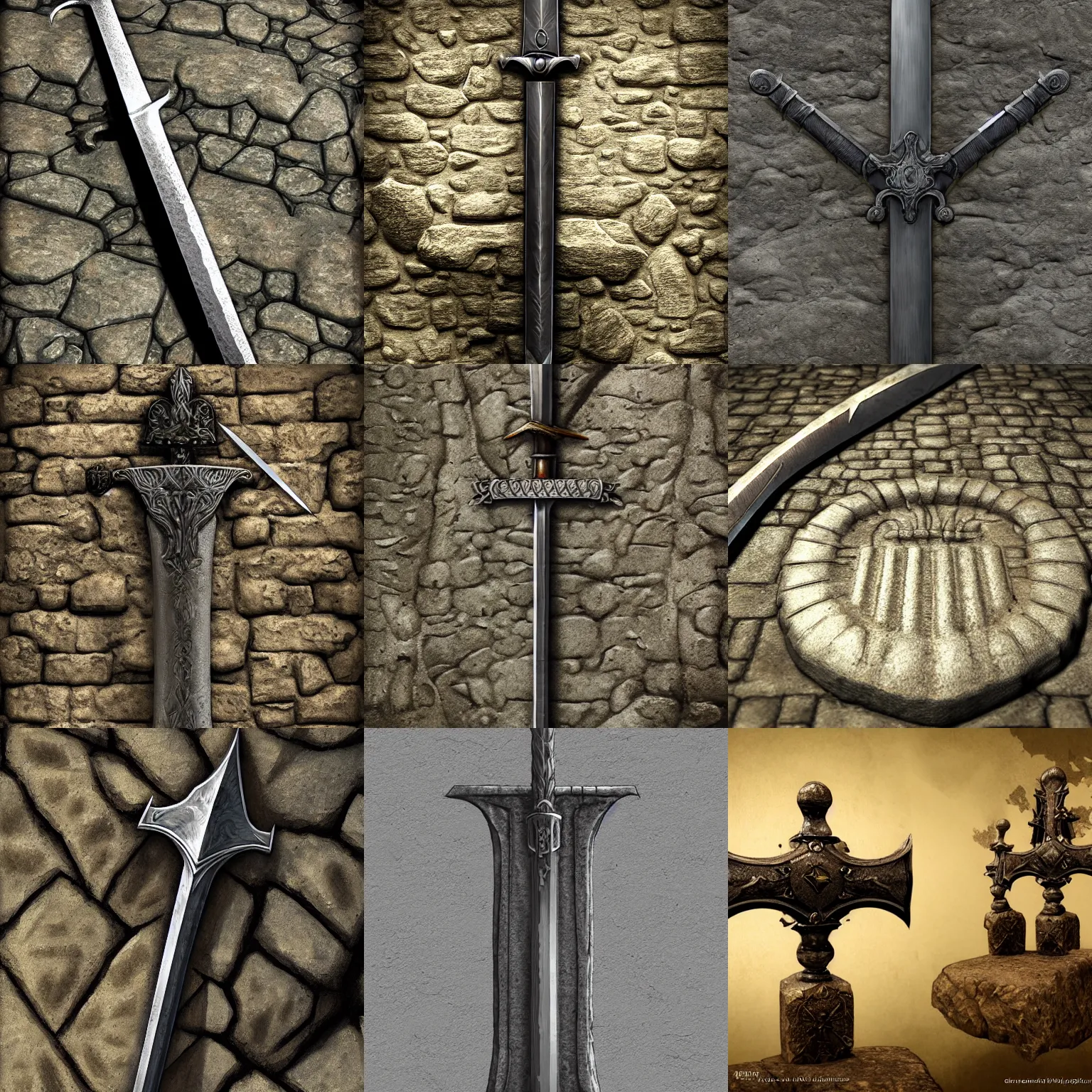 Prompt: medieval sword on stone, highly detailed, artstation, concept art, sharp focus, rutkoswki, jurgens