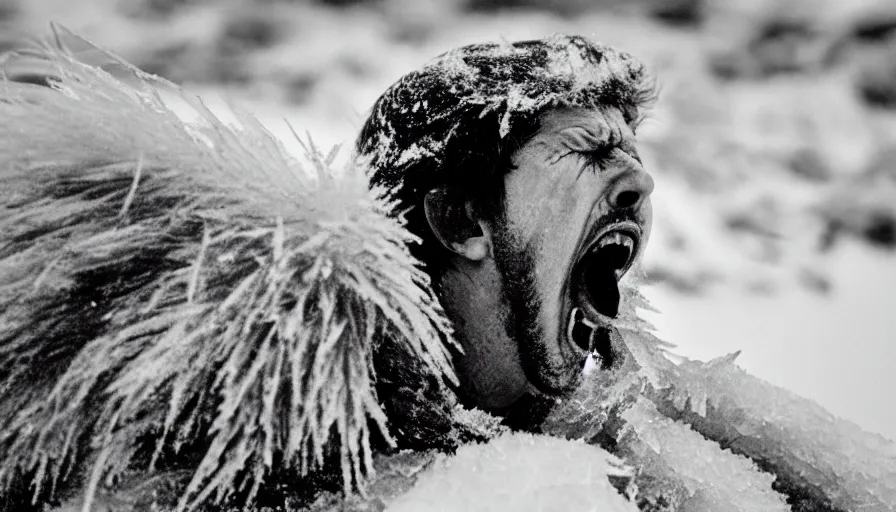 Prompt: 1 9 6 0 s movie still close up of marcus aurelius screaming frozen to death on a river shore with gravel, frozen hair, pine forests, cinestill 8 0 0 t 3 5 mm b & w, high quality, heavy grain, high detail, texture, dramatic light, anamorphic, hyperrealistic, detailed hair foggy