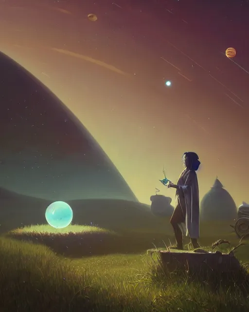 Image similar to highly detailed surreal vfx portrait of a futuristic mage in a rural farm with planets in background, stephen bliss, unreal engine, greg rutkowski, loish, rhads, beeple, makoto shinkai and lois van baarle, ilya kuvshinov, rossdraws, tom bagshaw, alphonse mucha, global illumination, detailed and intricate environment