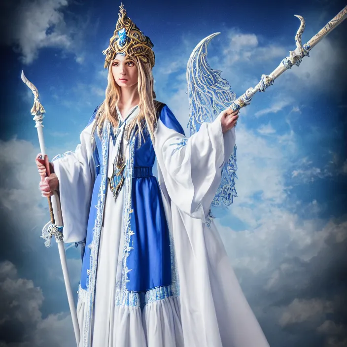 Image similar to photograph of a real-life beautiful sky witch with ornate white and blue robes and staff. Extremely detailed. 8k