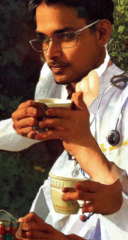 Image similar to close up of a young Indian doctor in scrubs drinking coffee, sun shining, photo realistic illustration by greg rutkowski, thomas kindkade, alphonse mucha, loish, norman rockwell.