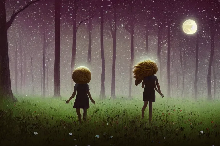 Image similar to giant daisy flowers head, girl walking in dark forest, surreal photography, dark night, stars, moon light, impressionist painting, clouds, digital painting, artstation, simon stalenhag