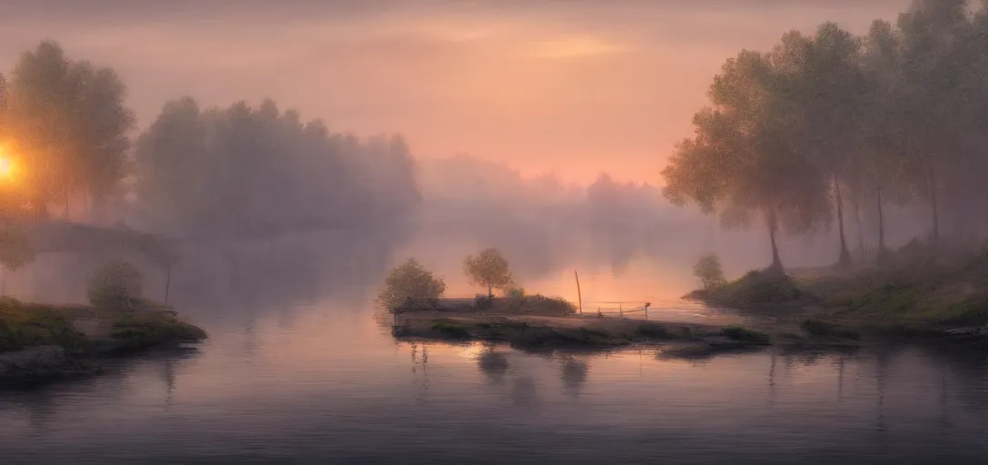 Image similar to concept art of a peaceful fishing village on a river in finland, dawn, atmospheric, hazy