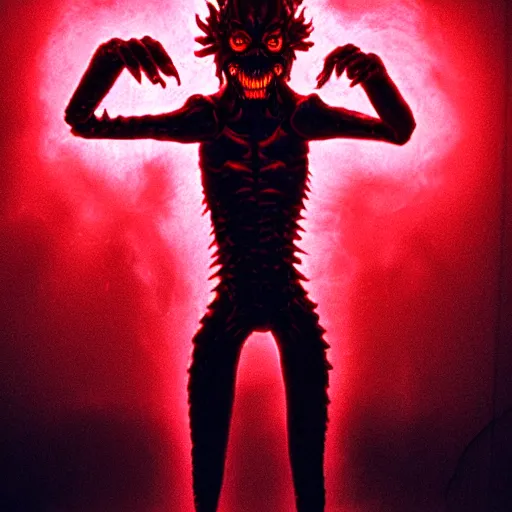 Image similar to demogorgon from stranger things, skin crawling hissing towards the viewer, extremeely spooky vibe, aggressive stance, gesturing towards the camera, ready for attack, comic lighting, the upside down