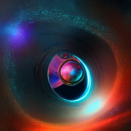 Image similar to glowing glorious 3D black hole in movie, intergalactic, space theme, galaxy colored, hyperdetailed, digital painting, trending on Artstation, cel-shading style, CG society, hyperdetailed, digital painting, hypermaximalist, golden ratio, volumetric, octane render, weta digital, micro details, 3d sculpture