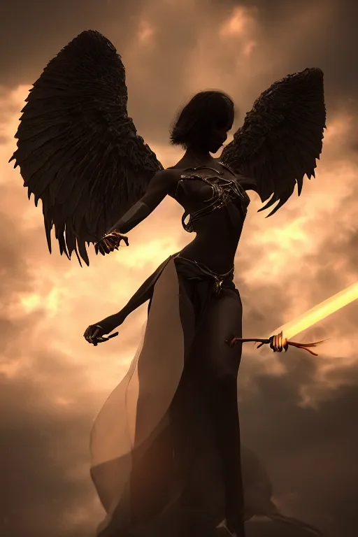 Image similar to beautiful woman with black angelic wings holding a magical staff, falling from the sky, cinematic lighting, dramatic atmosphere, 4k resolution, trending on artstation