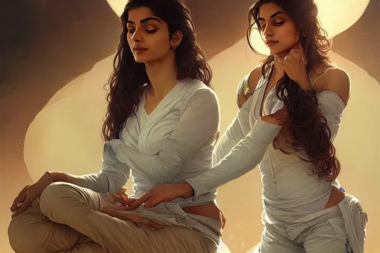 Image similar to Sensual good looking pale young Indian doctors wearing jeans floating in a space station above Earth performing surgery, portrait, elegant, intricate, digital painting, artstation, concept art, smooth, sharp focus, illustration, art by artgerm and greg rutkowski and alphonse mucha