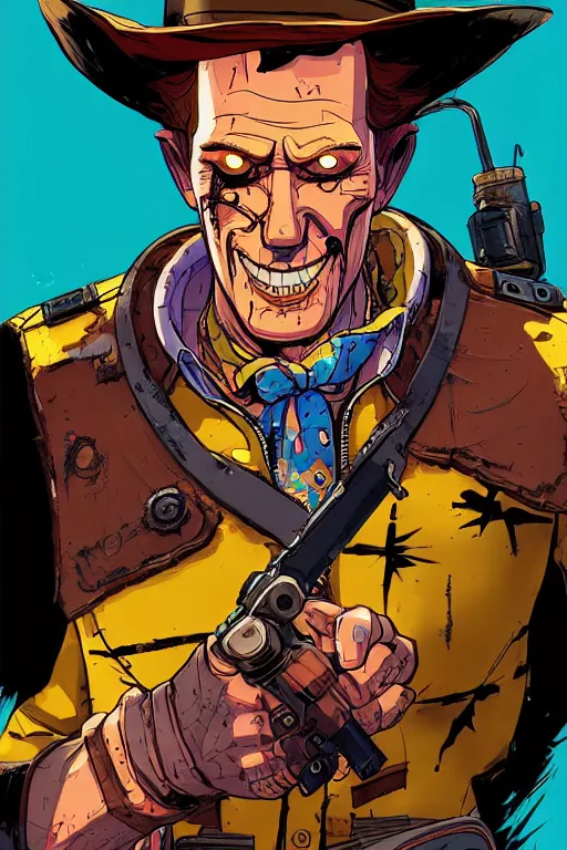 Prompt: a study of cell shaded portrait of Sheriff Woody Pride as a gunman looking as a Borderlands 3 character, llustration, post grunge, concept art by josan gonzales and wlop, by james jean, Victo ngai, David Rubín, Mike Mignola, Laurie Greasley, highly detailed, sharp focus, alien, Trending on Artstation, HQ, deviantart, art by artgem