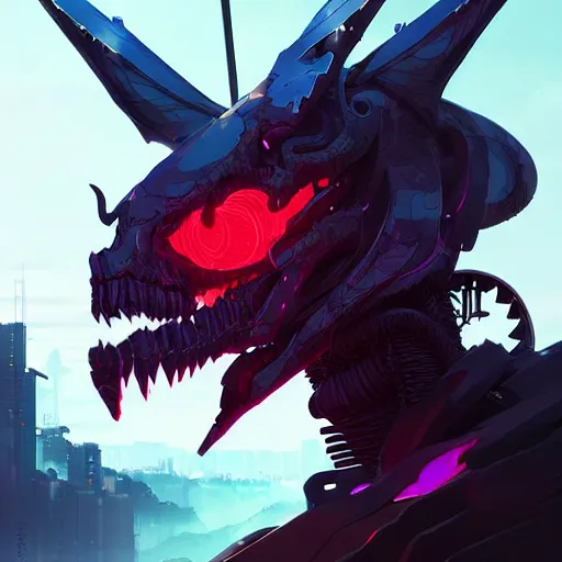 Image similar to a cyberpunk dragon skull, by guweiz and wlop and ilya kuvshinov and artgerm and josan gonzalez, digital art