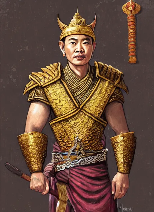 Image similar to king ramkhaheang of sukhothai, close portrait, historical, ethnic group, traditional tai costume, sukhothai headset, leather shoulder armor, fantasy, intricate, with leather armor cross onbare chest, elegant, loin cloth, highly detailed, oill painting, artstation, concept art, matte, sharp focus, illustration, hearthstone, art by earl norem