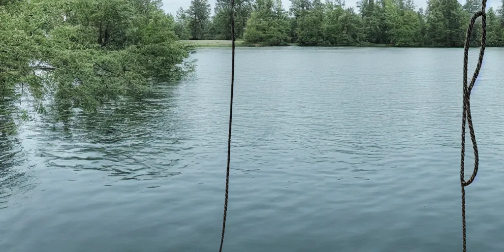 Image similar to symmetrical photograph of a very long rope on the surface of the water, the rope is snaking from the foreground stretching out towards the center of the lake, a dark lake on a cloudy day, trees in the background, anamorphic lens