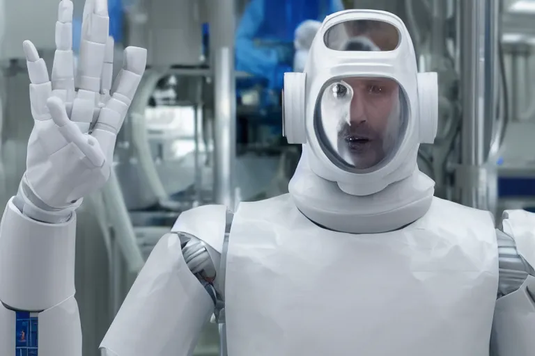 Prompt: man wearing hazmat suit in cleanroom large 3D printing humanoid plastic robot. by Roger Deakins