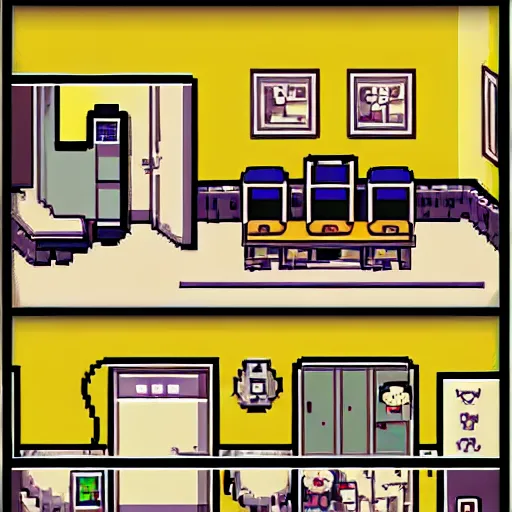 Image similar to rpg maker style bedroom, warm yellow lighting, omori, corpse party, to the moon, pokemon