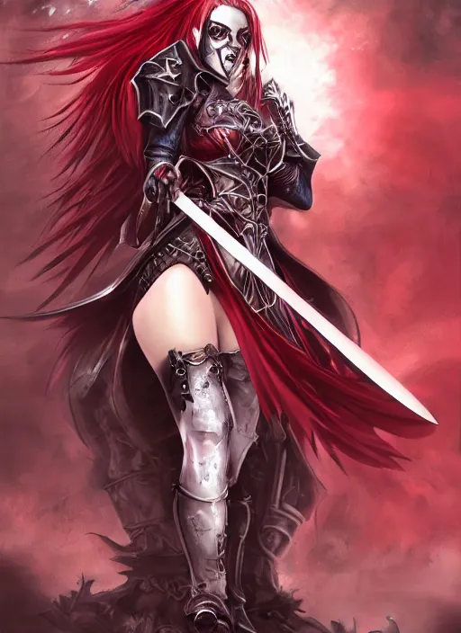 Image similar to female vampire knight, barefoot, full plate armor, heavy armor, carnival mask, giant two - handed sword dripping blood, crimson wings, grinning, barefeet, fantasy art.