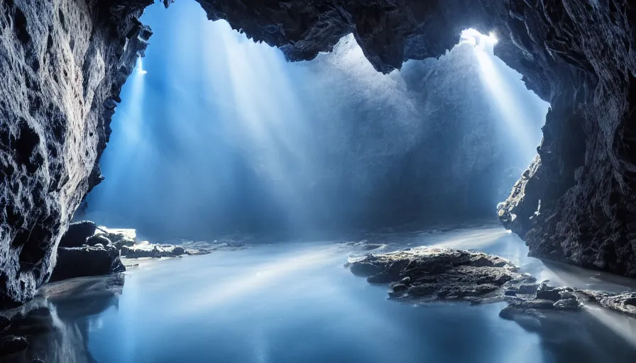 Image similar to Blue cave during the day ,god rays, incredible lighting, 4k photography award winning,