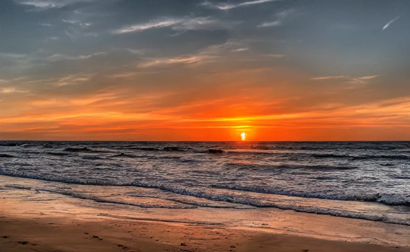 Prompt: A gorgeous sunset at the beach, long focal length, sunset vibes, hdr 8k, dslr photography