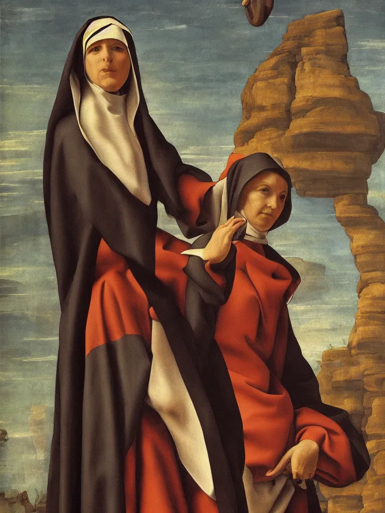 Image similar to a very detailed oil painting of the nun sainte claire wearing clarise habit, beautiful landscape background, half body, by michelangelo