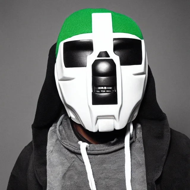 Image similar to a close-up black-and-white studio portrait of MF Doom wearing his mask and a plaid green and white ushanka hate. Madvillain album cover