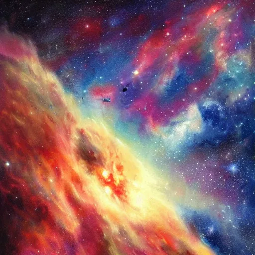 Prompt: a beautiful painting of a cargo ship in space near a nebula