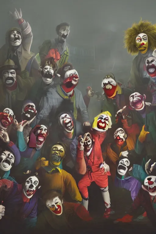 Image similar to a group of men dressed as clowns standing in front of a tv screen in a dark foggy alley, highly detailed, trending on artstation