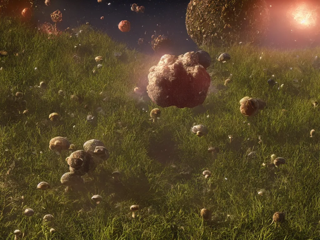 Prompt: an asteroid floating in open deep space with overgrown mushrooms on it, cryengine, deep color, hyperrealistic, ultradetailed, atmospheric crystal dust