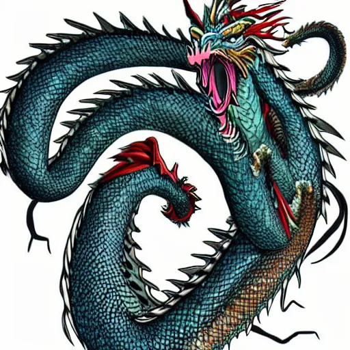 Prompt: anime manga full color dragon spiraling chinese dragon illustration