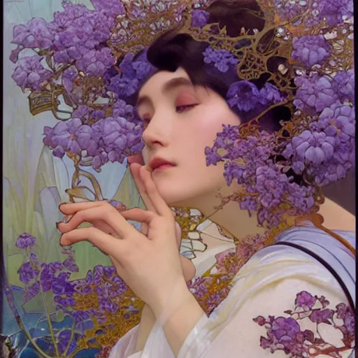 Image similar to perfume surrounded by artistic, blurred blue and lilac flowers, simple path traced, environment, up close shot shinji aramaki, karol bak, alphonse mucha