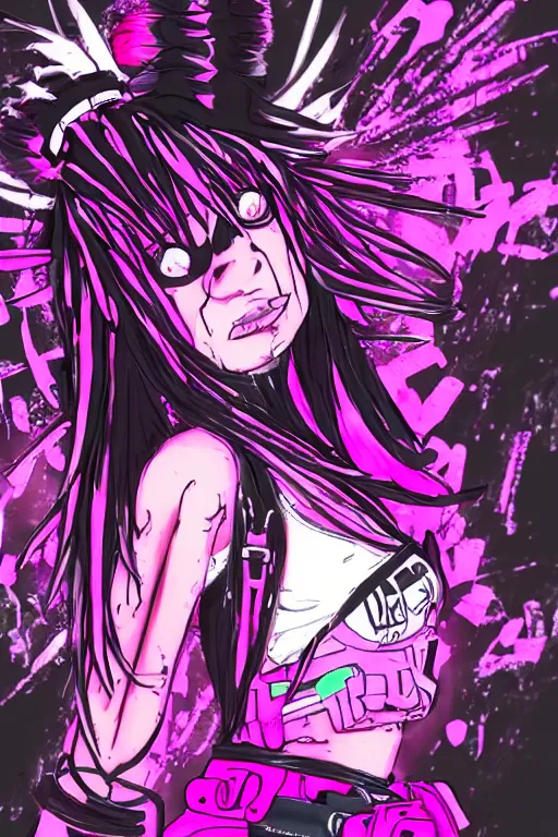 Image similar to portrait of an cybergoth girl with pink and black dreads laying on the floor of her room on ipad, manga, manga art, manga character concept art, vaporwave colors, lo - fi colors, vaporwave, lo - fi, moody vibe, goth vibe, 4 k, hd,