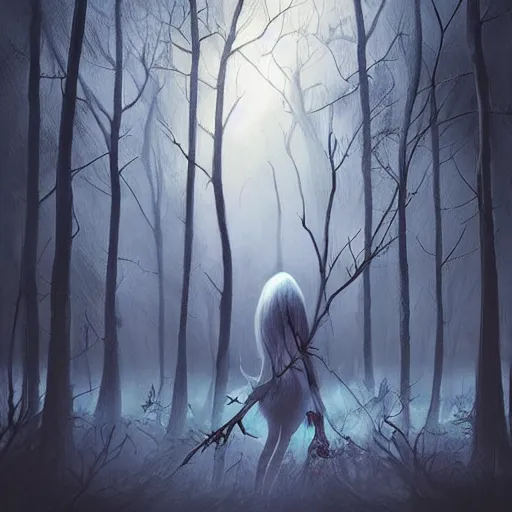 Image similar to a dark ominous forest, dead trees, moonlit, a ethereal ghost emerging from a tree, spooky digital artwork by Artgerm, trending on artstation
