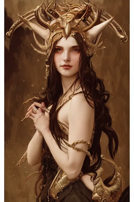 Image similar to Portrait of beautiful demon peasant maiden with horns, intricate, elegant, highly detailed, digital painting, artstation, concept art, smooth, sharp focus, illustration, art by artgerm and greg rutkowski and alphonse mucha