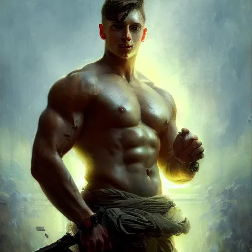 Image similar to handsome portrait of a young guy fitness posing, war hero, flexing abs, radiant light, caustics, reflective, by gaston bussiere, bayard wu, greg rutkowski, giger, maxim verehin