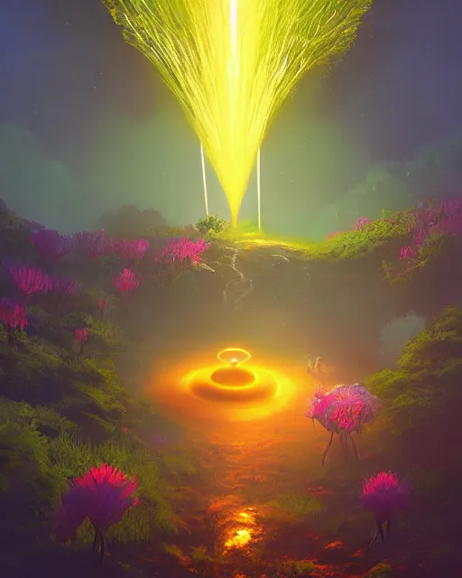 Image similar to earth fountain organic overgrowth, flowers, halo of light, photorealism, fire and water, liquid smoke, artstation, sylvain sarrailh