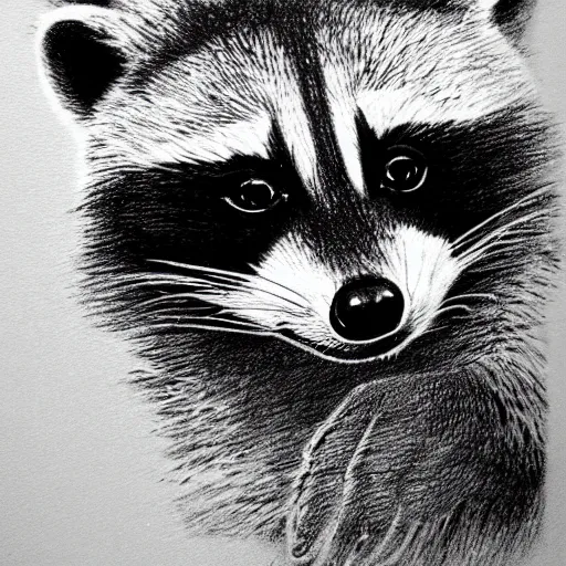 Image similar to a very detailed pencil drawing of a raccoon flipping the middle finger 4 k, high resolution, still, landscape, hd, dslr, hyper realistic, sketch