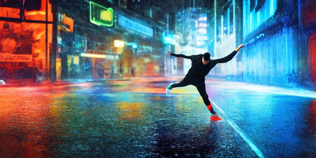 Image similar to cinematic camera wide angle of slow motion film still of futuristic break dancer wearing neon lights, long exposure shot , at night in the middle of a rainy street, paddle of water, water splashes, rim lights, glossy reflections, water droplets on lens, octane render, detailed and soft, by laurie greasley