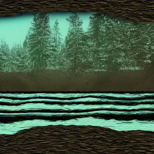 Image similar to a beautiful landscape, river, rocks, trees, glitch, glitchy, vhs, corrupted