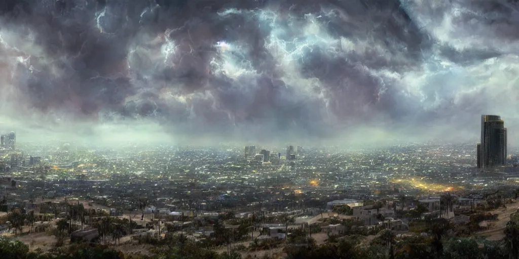 Image similar to a strong lovecratian monster attacks a rich los angeles suburb, matte painting trending on artstation, james gurney, view from a car, ominous sky