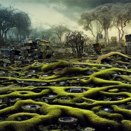 Prompt: panoramic view, superintelligent ecological matrix made of moss and lichen dotted biomechanical trees growing on junkyard heaps of electronics and automobile scrapyards amongst puddles of glistening oil, artists bev doolittle and philippe caza, high contrast cinematic light, mystical shadows, sharp focus, divine realm of gods, octane render, three dimensional optical illusion