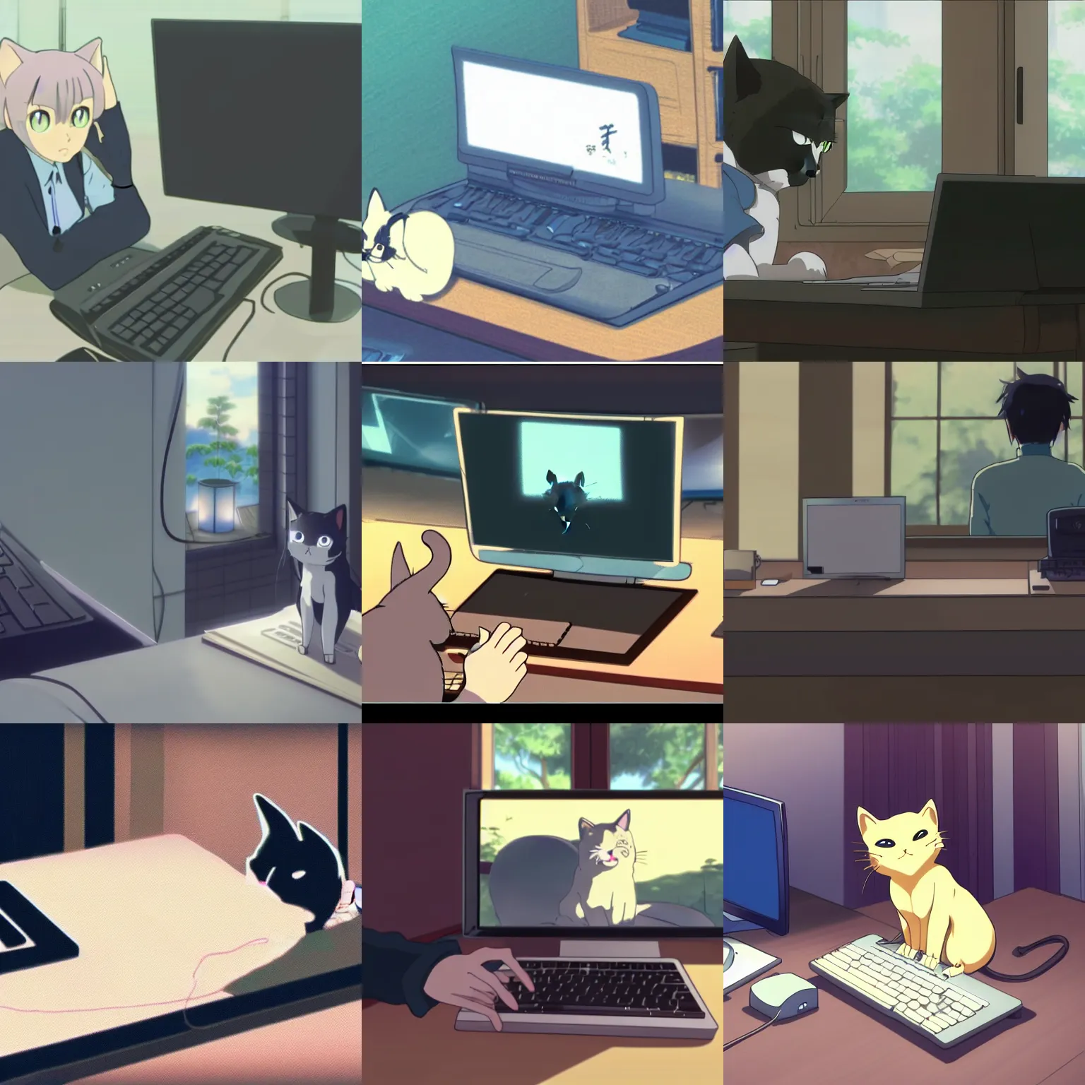Prompt: a cat typing on a desktop computer, anime screenshot, by makoto shinkai