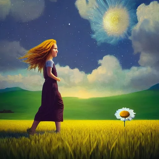 Image similar to giant daisy flowers as a head, girl walking in wheat field, hills, surreal photography, dark night, star trails, impressionist painting, dramatic clouds, digital painting, artstation, simon stalenhag