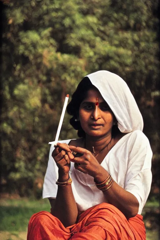 Prompt: portrait of a sri lankan woman smoking cigarette, 8 0's style, high - fidelity