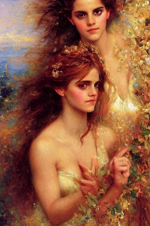 Image similar to portrait of emma watson as the goddess aphrodite. art by gaston bussiere.