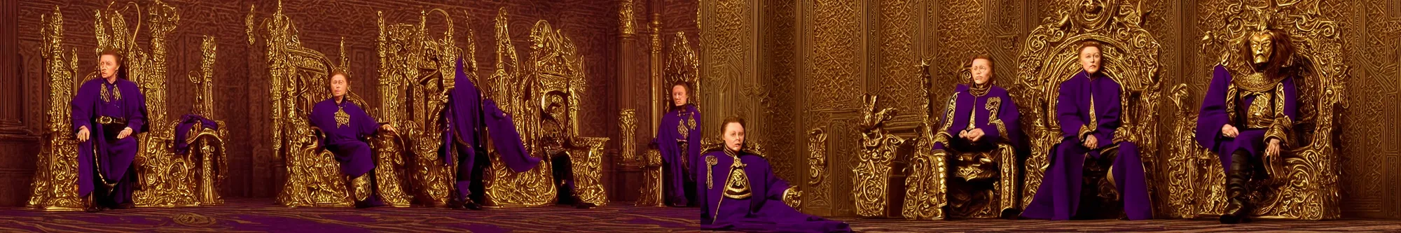 Prompt: Film still of Christopher Walken as Emperor Shaddam IV (Dune) wearing ornate Tyrian-purple regal leather uniform with two gold-lion-shaped-pins sitting on an ornamented-golden-lion-throne in dark long Romanesque marble-clad hall, where sunlight shines through small ornate windows casting shadows, dark atmospheric lighting, intricate details, cinematography by Stanley Kubrick, Ridley Scott