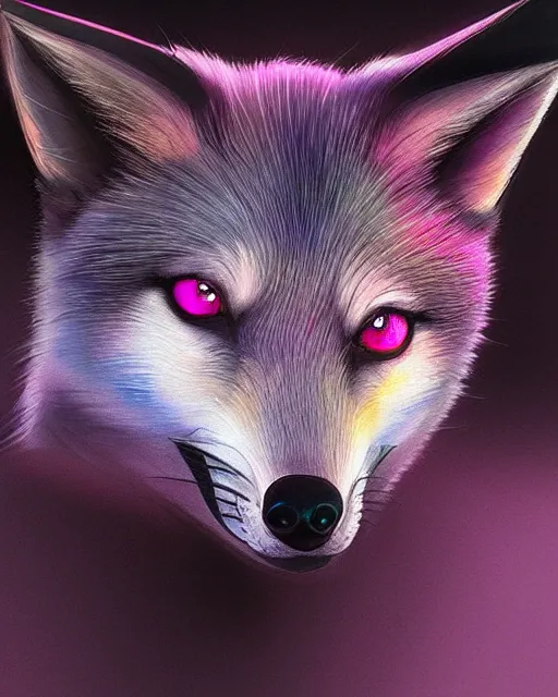 Image similar to black pink green blue white fox looking into the camera, extremely detailed, digital painting, artstation, concept art, smooth, sharp focus, illustration