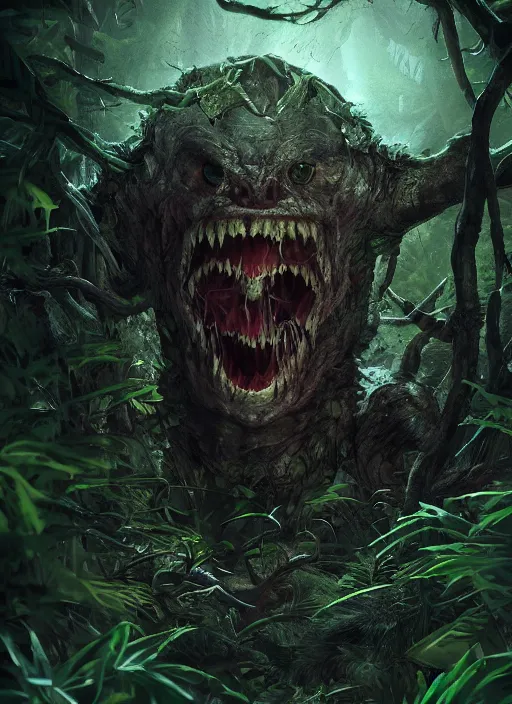 Image similar to terrific monster in middle of jungle, horror, dark atmosphere, harsh lighting, cinematic lighting, scary, award wining art, artstation, high details, concept art, 4 k