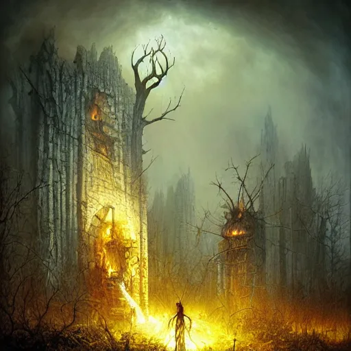 Prompt: scorched horror land by Dariusz Zawadzki, Tomasz Alen Kopera, Andrew Ferez, Remedios Varo, Mariusz Lewandowski, Zdzisław Beksiński, dramatic lighting