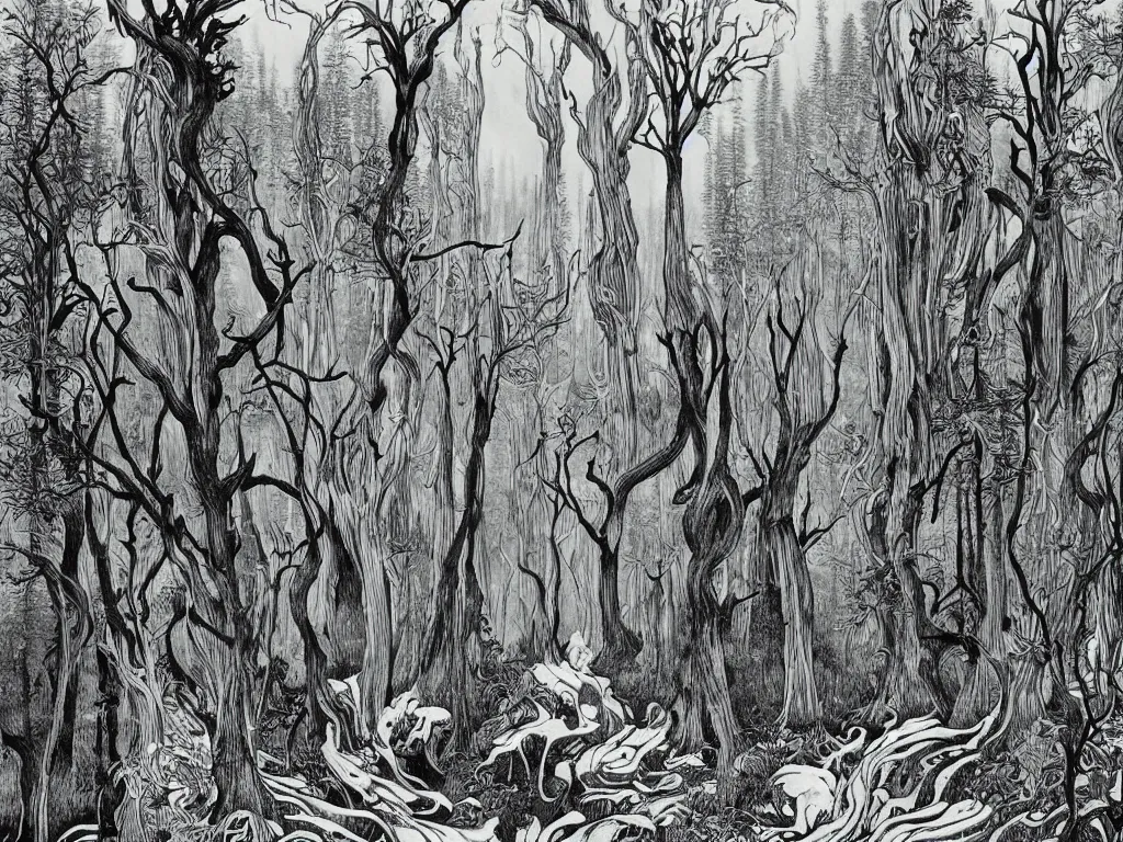 Image similar to dense forest, artstation, by aubrey beardsley, by caspar david friedrich, by laurie lipton, by kay nielsen, by ivan shishkin, calligraphy, divine, paradox, gnarly trees, terrifying, witchcraft!, hope, mountains in background