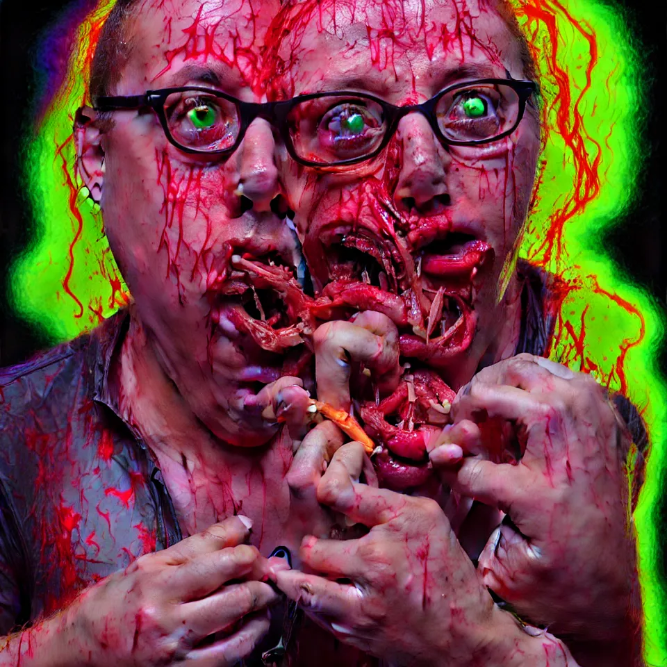 Image similar to bright psychedelic todd solondz eating rotten flesh, crying tears of blood and puking, diffuse lighting, fantasy, intricate, elegant, highly detailed, lifelike, photorealistic, digital painting, artstation, illustration, concept art, smooth, sharp focus, art by francis bacon