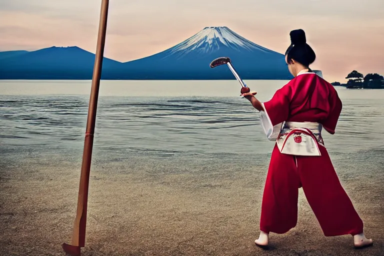 Prompt: beautiful photo of a geisha samurai warrior, mt fuji in the background, mid action swing, shining silver katana sword, award winning photo, muted pastels, action photography, 1 / 1 2 5 shutter speed, dramatic lighting